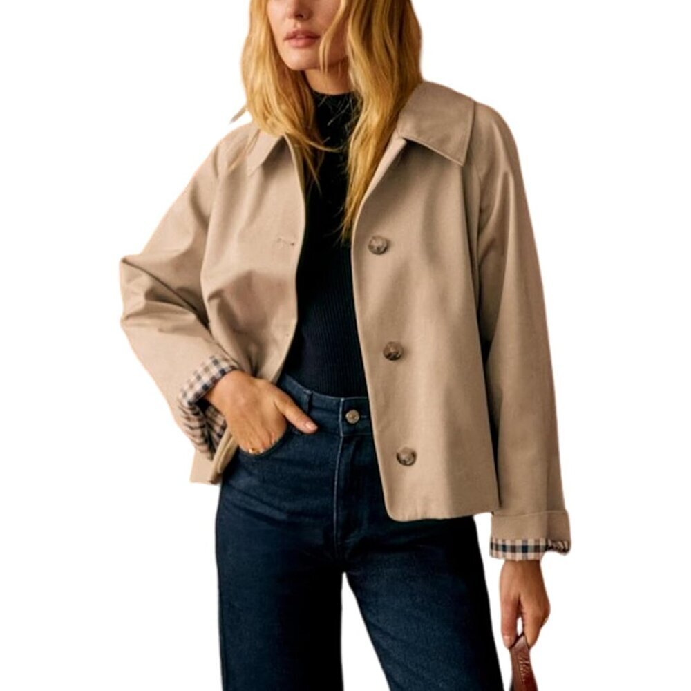 Women Oversize Trench Coat Plaid Lining Casual Crop Jacket Outwear with Pockets - Picture 1 of 5